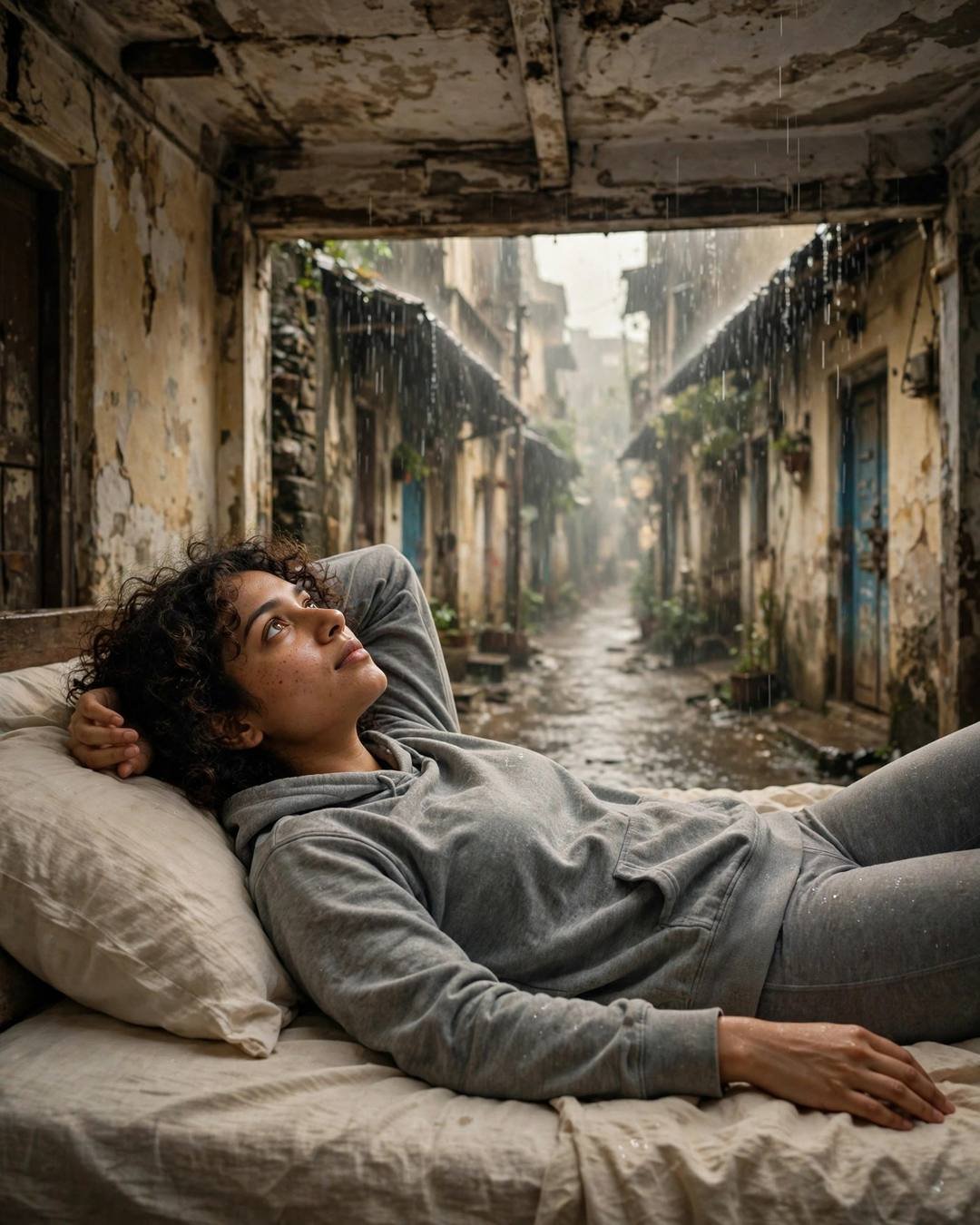 Young Indian woman in grey hoodie and leggings reclining on a bed with arm behind head, gazing toward a rainy old-city lane with peeling walls
