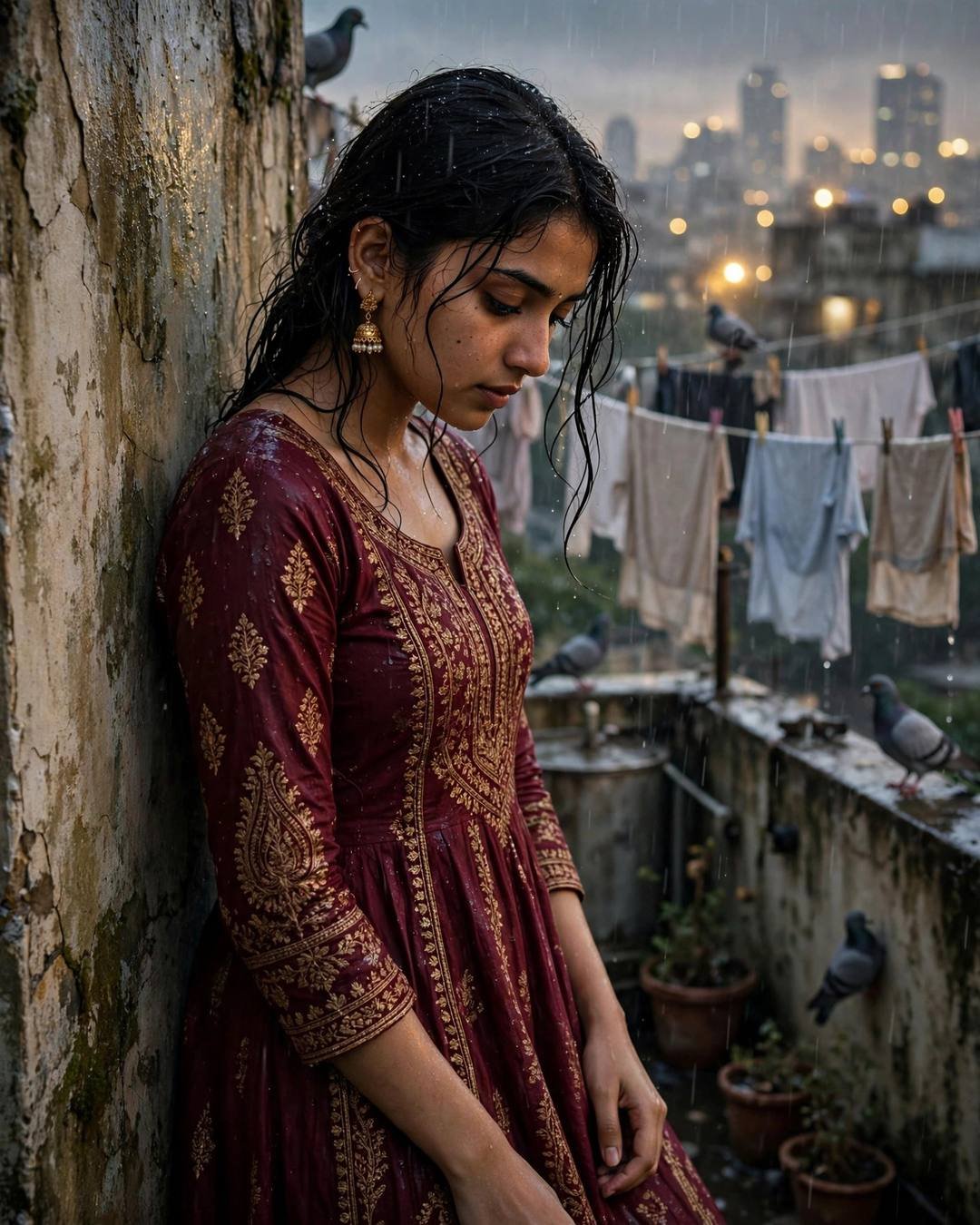 Young Indian woman in maroon anarkali with jhumkas and wet hair leaning against a weathered wall on a rainy terrace with clothes lines and pigeons