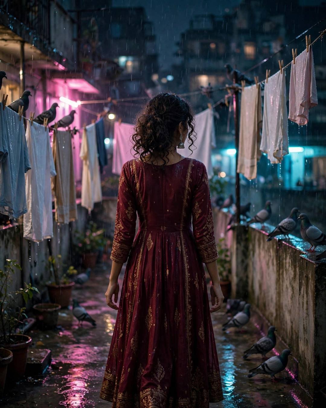 Young Indian woman in maroon anarkali with jhumkas walking away from the camera down a rainy terrace path with clothes lines, pigeons and neon pink and cyan city glow