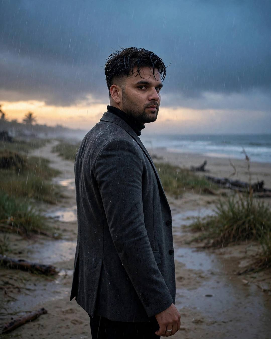 Young Indian man in a charcoal blazer and black turtleneck with rain-wet hair on a deserted beach path at dusk in monsoon rain, glancing back over his shoulder