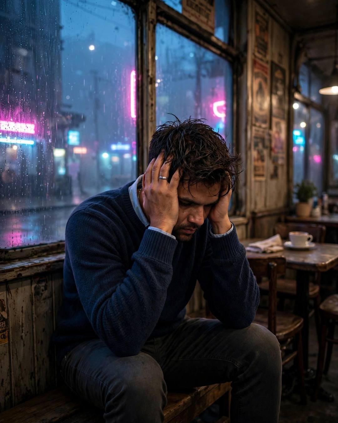 Young Indian man in a navy sweater over a collared shirt sitting with head in hands at a fogged cafe window, neon pink and cyan glowing through rain outside