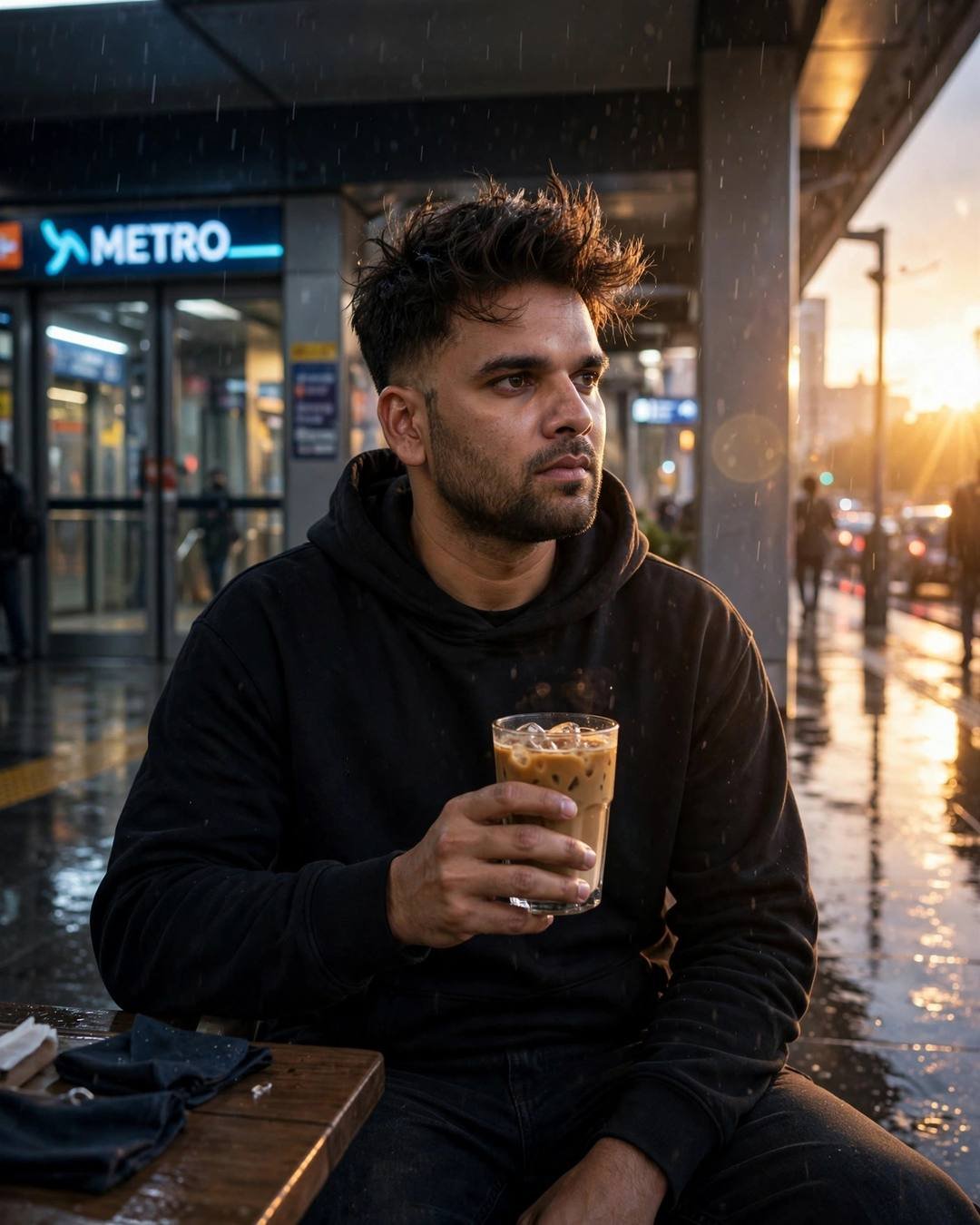 Young Indian man in a black oversized hoodie holding an iced coffee outside a metro station, golden-hour backlight flaring over rain-wet streets