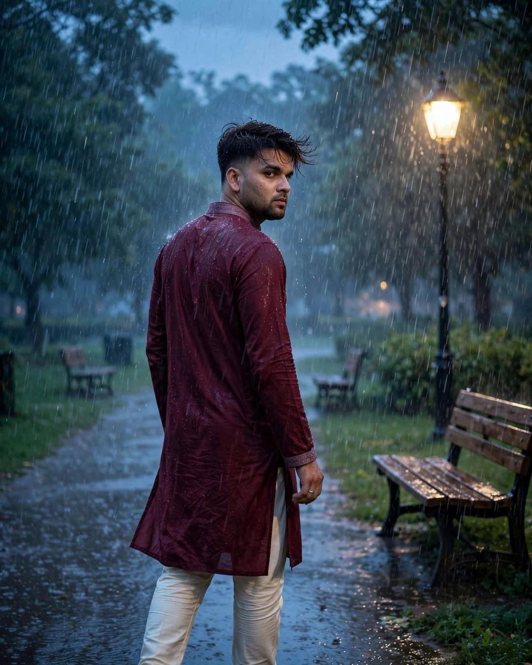 Young Indian man in a maroon kurta and cream churidar with windswept hair walking on a rain-soaked park path at dusk under a glowing lamp, looking back