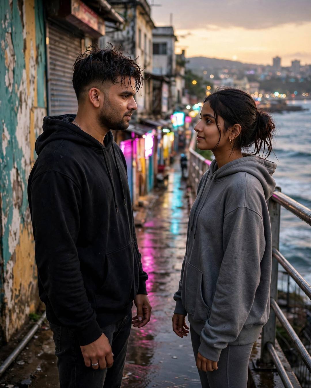 Young Indian couple facing each other in a neon-lit seaside lane at golden hour