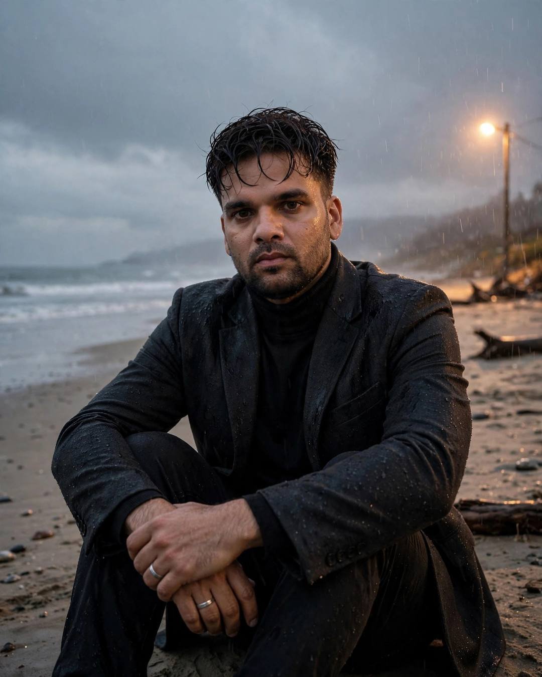 Young Indian man in charcoal blazer and black turtleneck sitting on a deserted beach at dusk in the rain