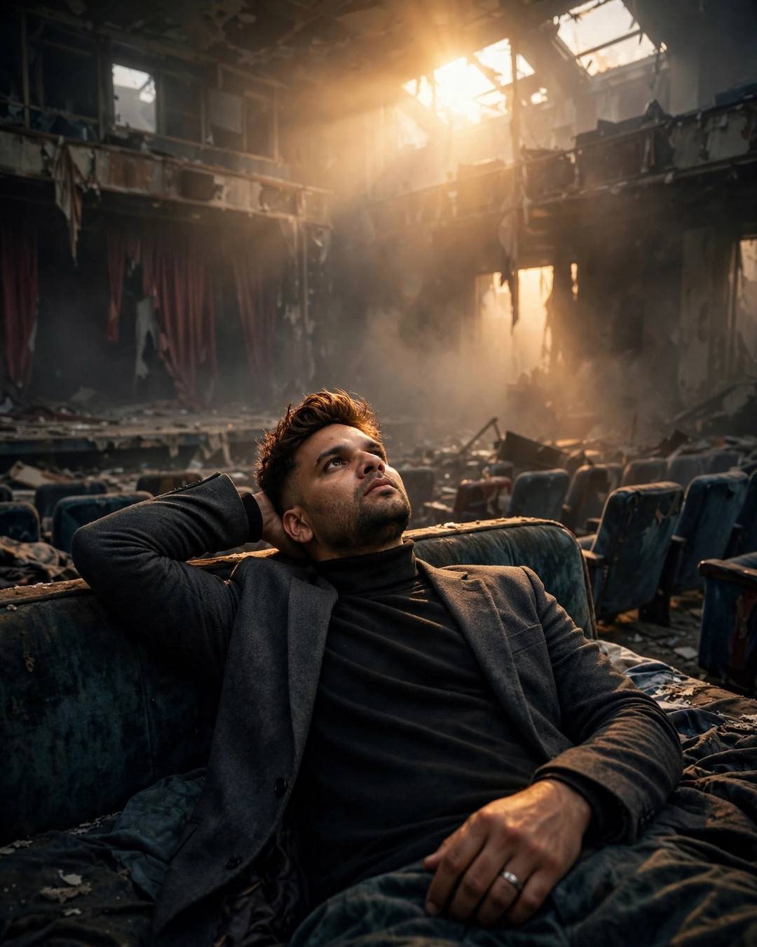 Young Indian man in charcoal blazer reclining in an abandoned cinema hall with golden light streaming through the broken roof