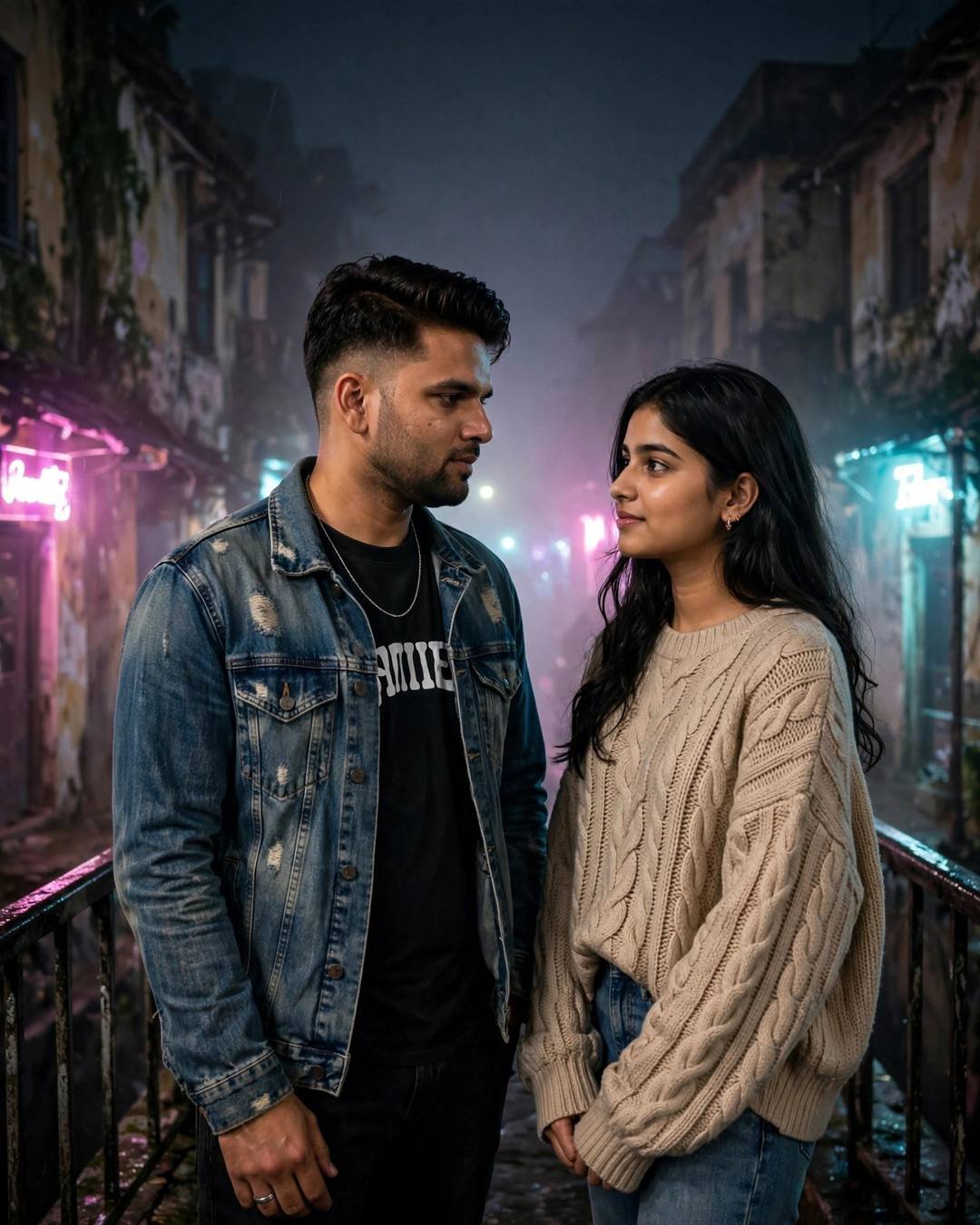 Couple facing each other on a fogged old-city lane at midnight under pink and cyan neon signs