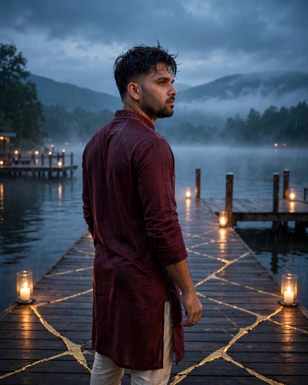 Young Indian man in maroon kurta standing back-to-camera on a lake pier at dawn — looking over his shoulder, gold kintsugi veins in the planks, candles burning, drizzle