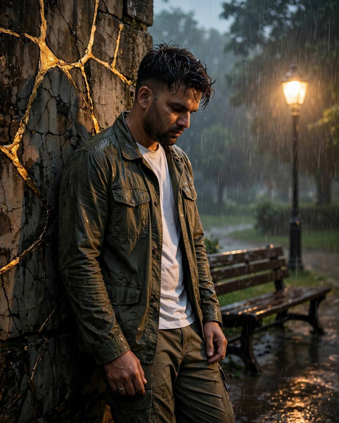 Young Indian man in olive field jacket leaning against a stone wall with gold kintsugi cracks — head tilted down, heavy monsoon rain, park bench and lamp behind
