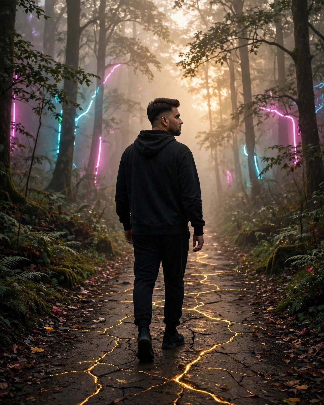 Young Indian man in all-black streetwear walking away down a misty forest path — gold cracks glowing in the path, neon pink and cyan light streaking through the fog