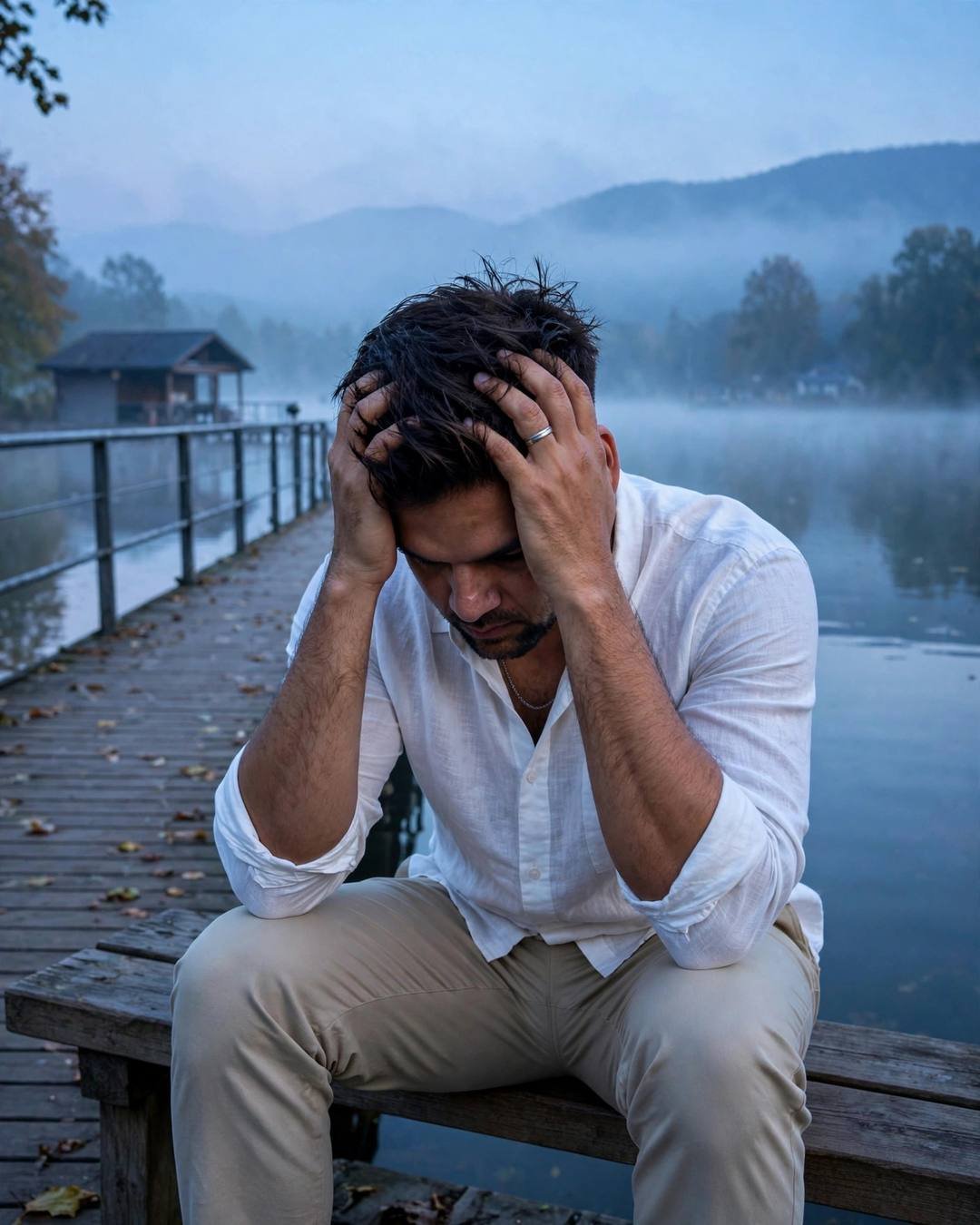 Young Indian man in a white shirt sitting on a lake pier bench at dawn, head in hands, mist on the water