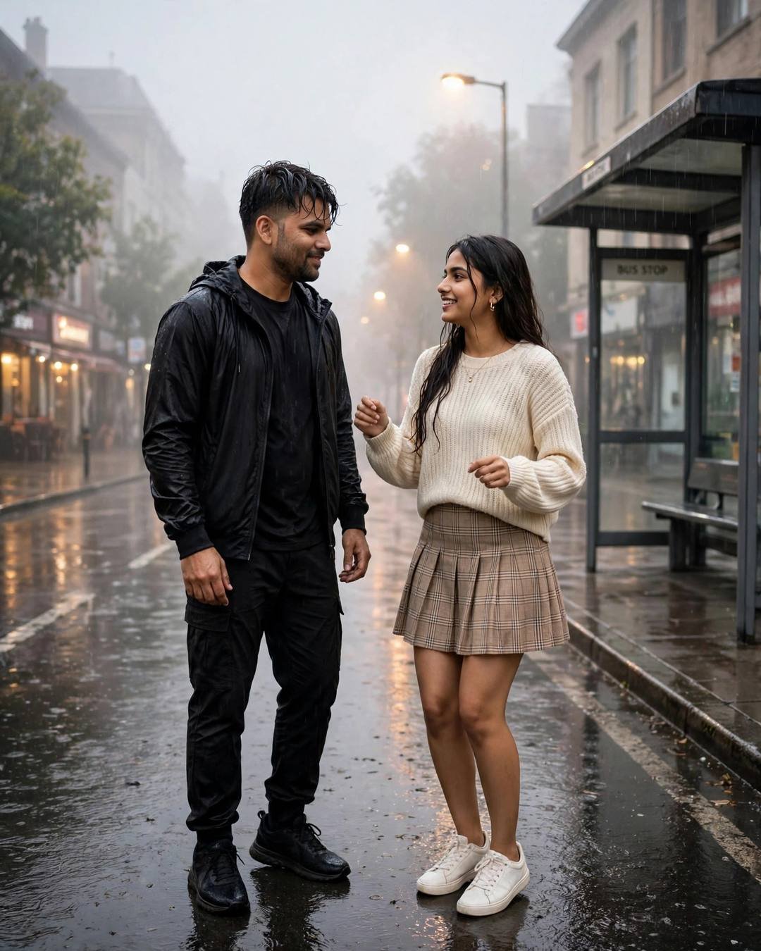 Young Indian couple slow-dancing and laughing in the rain by a bus stop at dawn