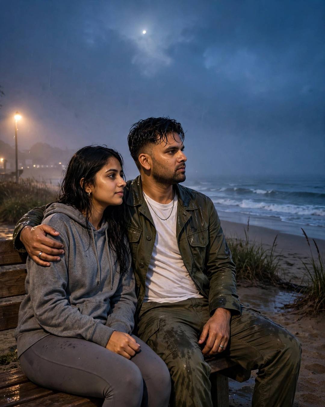 Young Indian couple sitting on a beach bench at blue hour, his arm around her shoulders