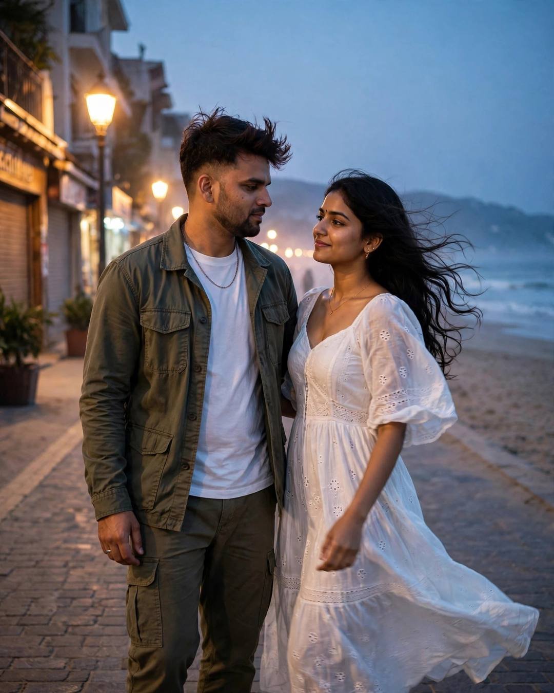 Young Indian couple walking close along a lamplit seaside promenade at dusk