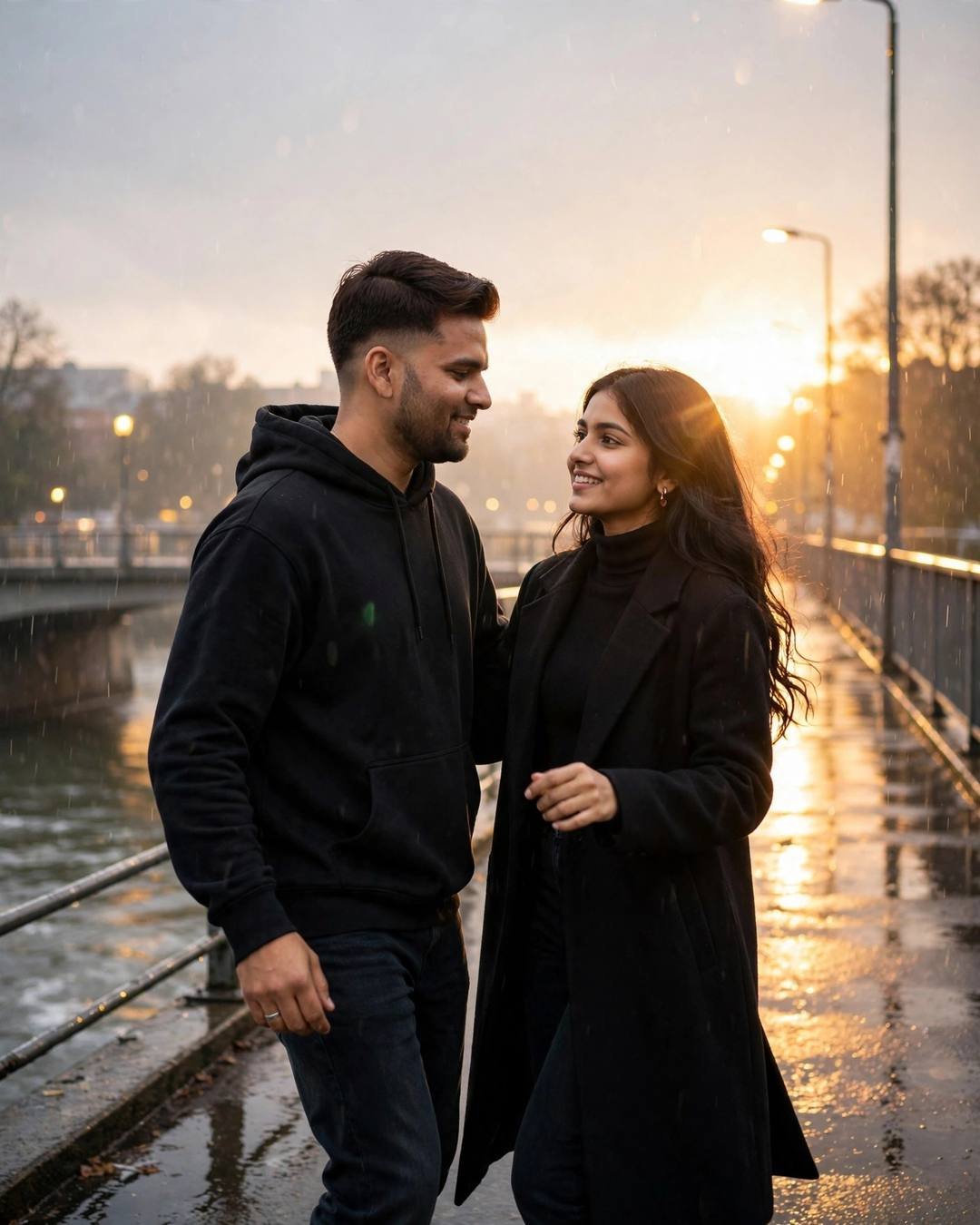 Young Indian couple slow-dancing on a bridge over a river in light rain, golden-hour backlight flaring, city behind