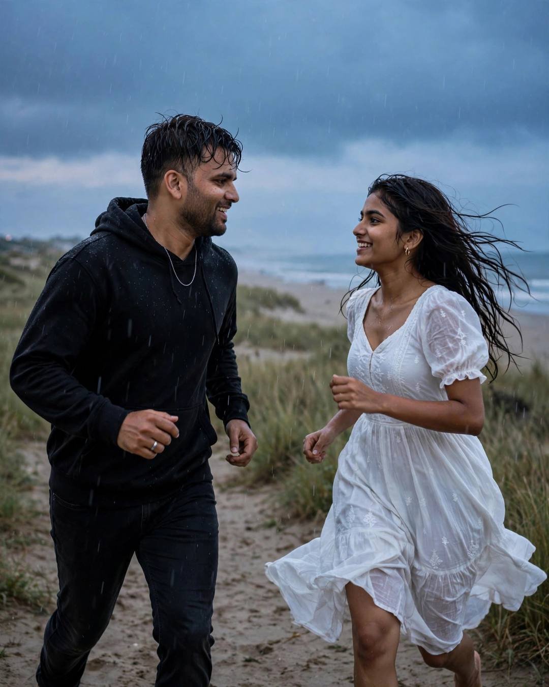 Young Indian couple running toward each other laughing on a rainy beach path at dusk, woman in flowing white dress, sea behind