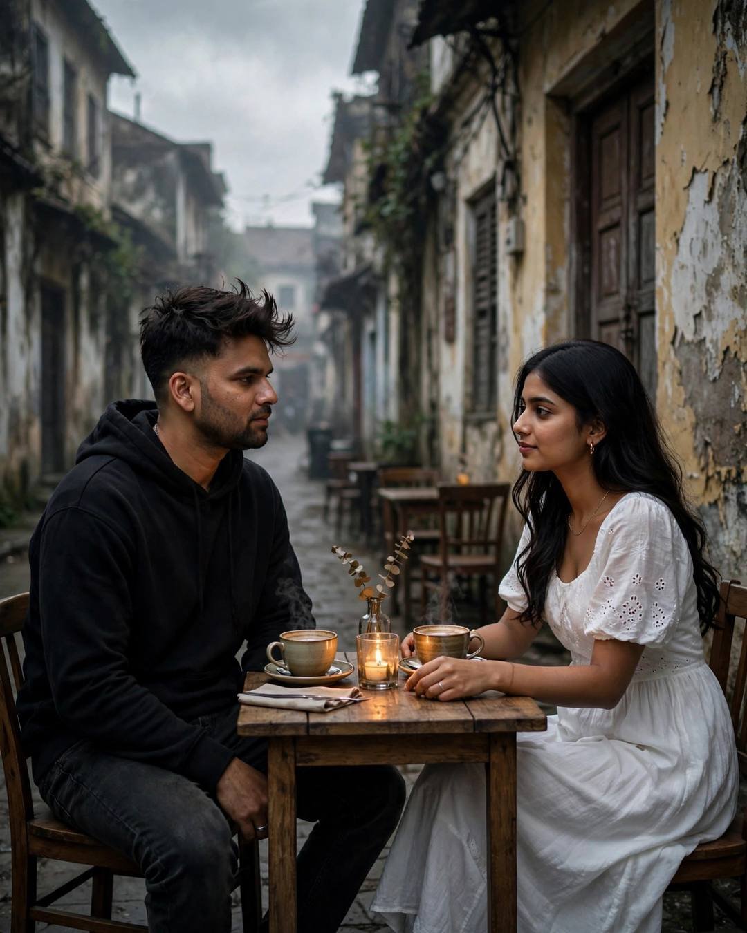 Young Indian couple sitting across a small cafe table in a narrow old-city lane, gazing at each other over steaming cups, candle burning