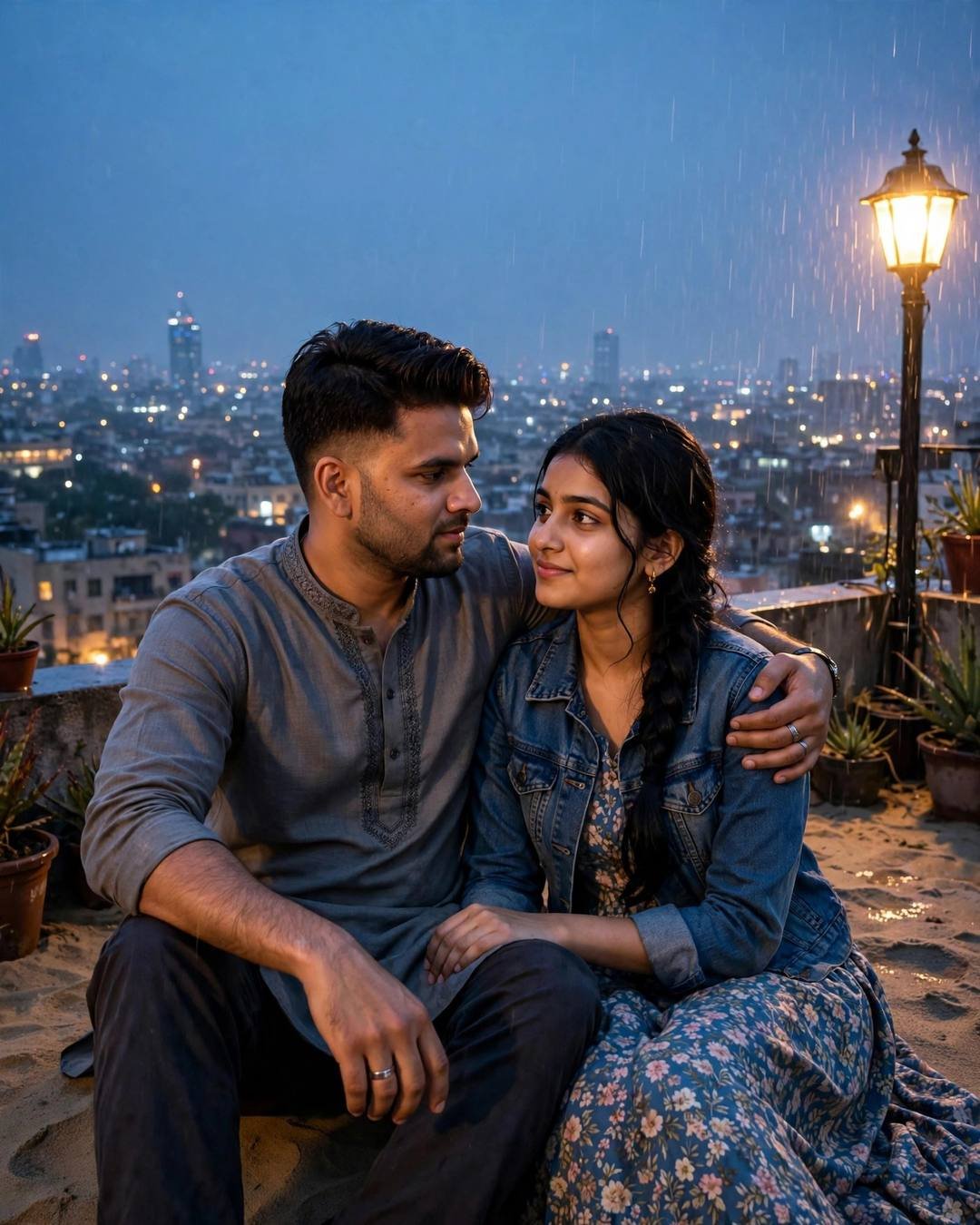 Young Indian couple sitting close on a rainy rooftop overlooking city lights at night, man in grey kurta with his arm around her, gazing at each other