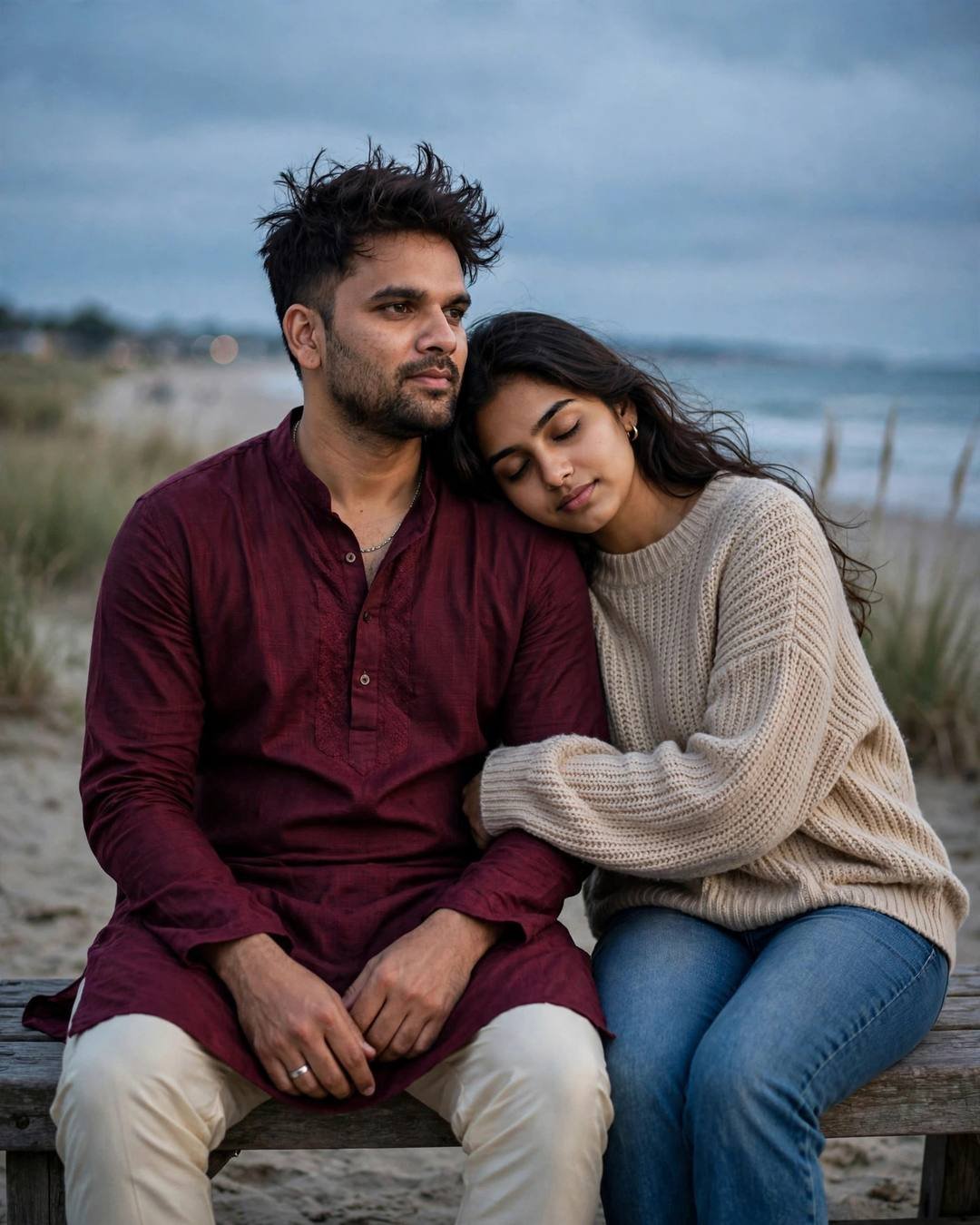 Young Indian couple sitting close on a bench at a deserted beach at dusk, woman in beige sweater with her head on his shoulder, sea behind