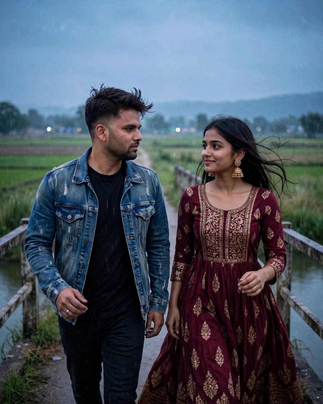 Young Indian couple walking side by side on a bridge over a river in drizzle at blue hour, man in denim jacket, woman in maroon anarkali