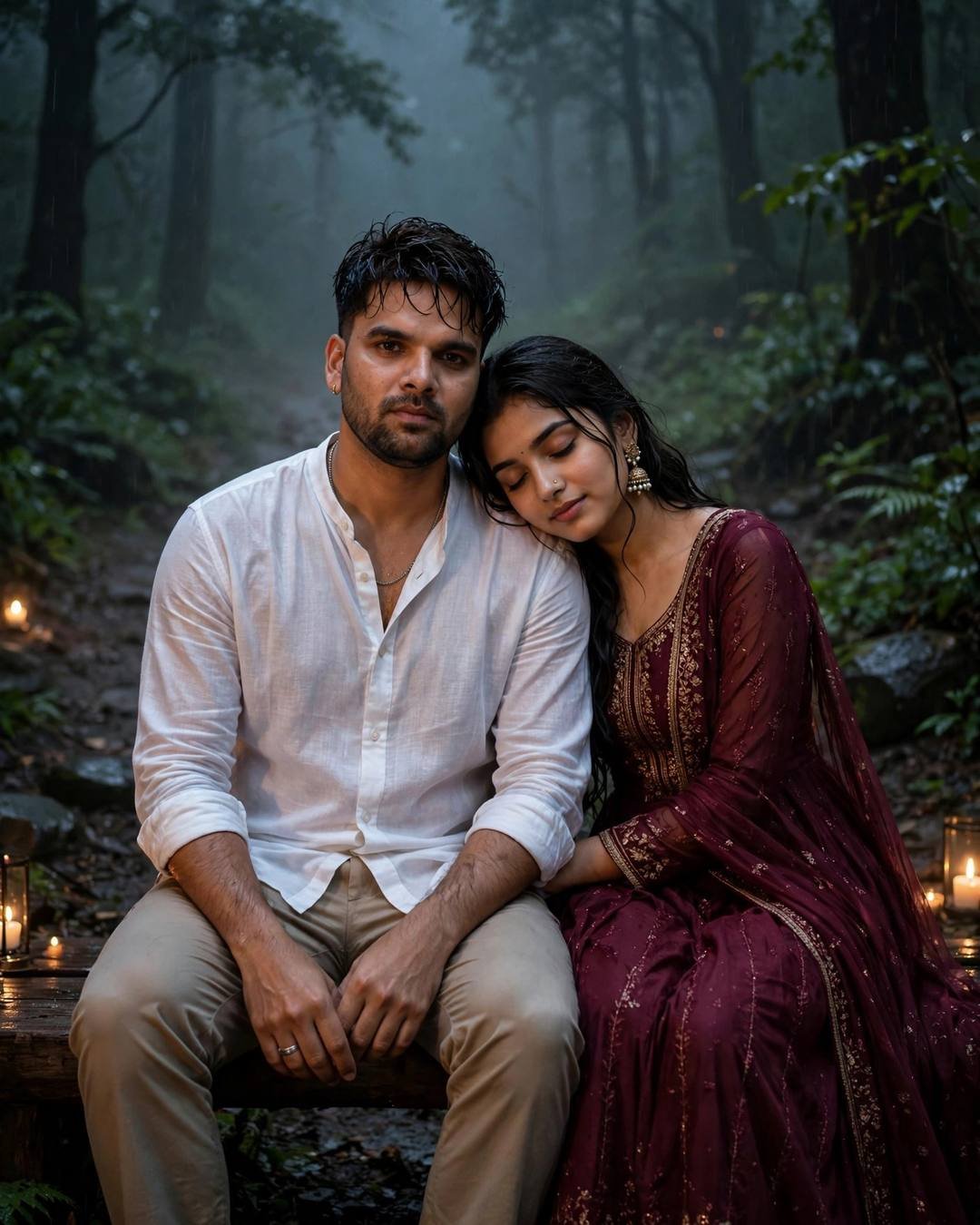Young Indian couple sitting close on a bench on a misty forest path at night, woman in maroon anarkali with her head on his shoulder, candles around