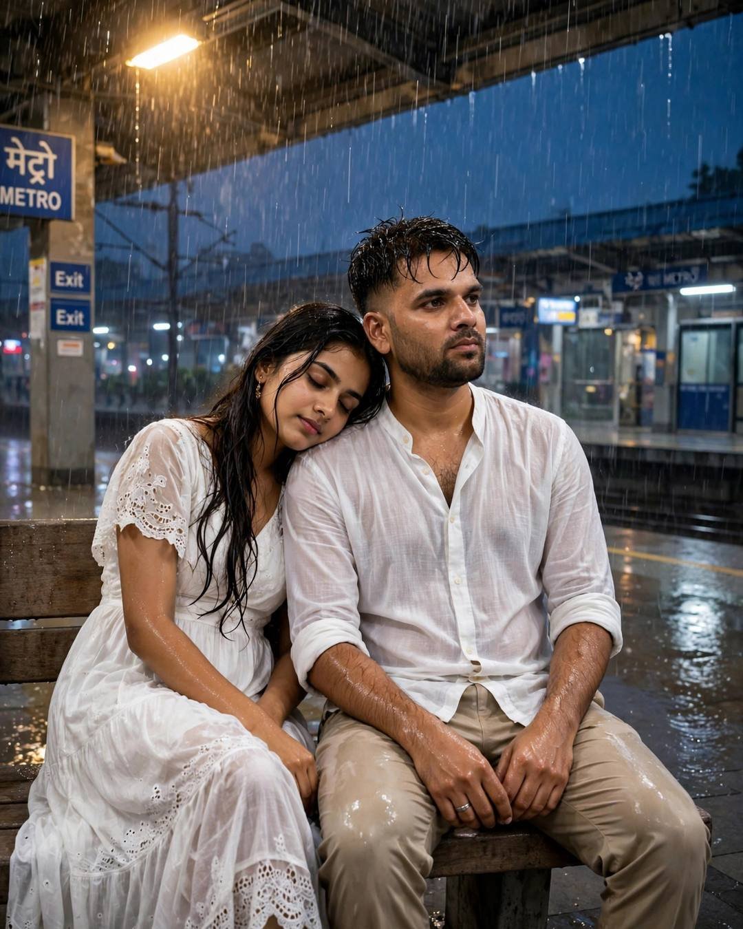 Young Indian couple sitting close on a bench at a metro station in heavy rain at night, woman in white dress with her head on his shoulder, sodium lamp glowing