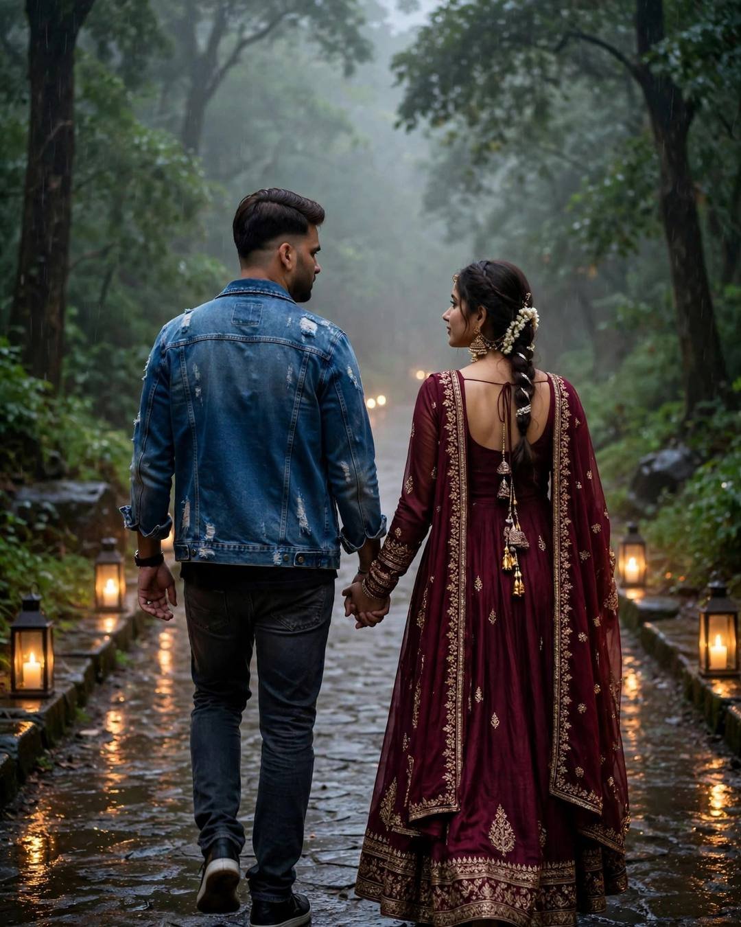 Young Indian couple walking hand in hand away from the camera on a misty forest path at night, lanterns glowing along the wet stone path
