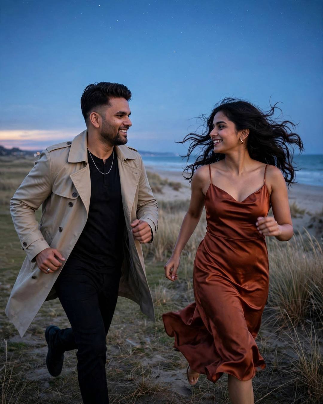 Young couple running together laughing across beach dunes at blue hour, man in beige trench coat, woman in rust dress