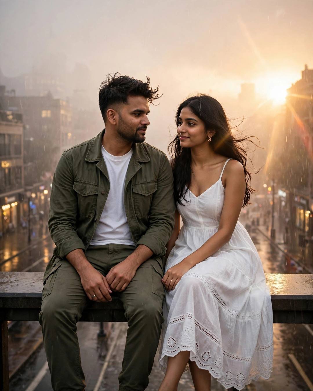 Young couple sitting side by side with legs swinging over a bridge ledge above a rainy street at golden hour