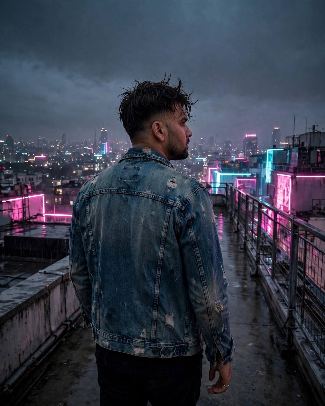 Young Indian man in distressed denim jacket standing on a rooftop overlooking a neon-lit city at night