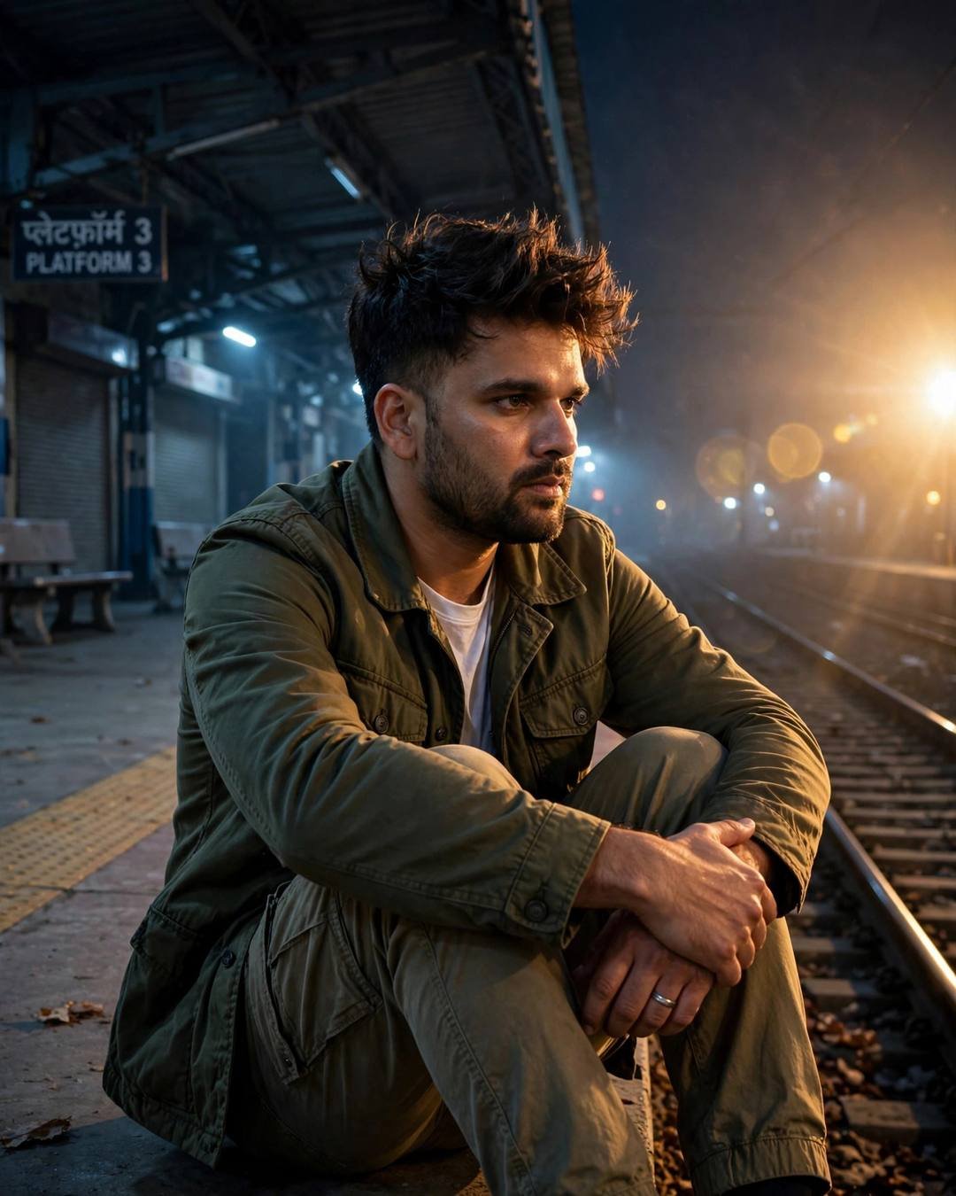 Young Indian man in olive field jacket sitting with knees drawn up on an empty railway platform at night