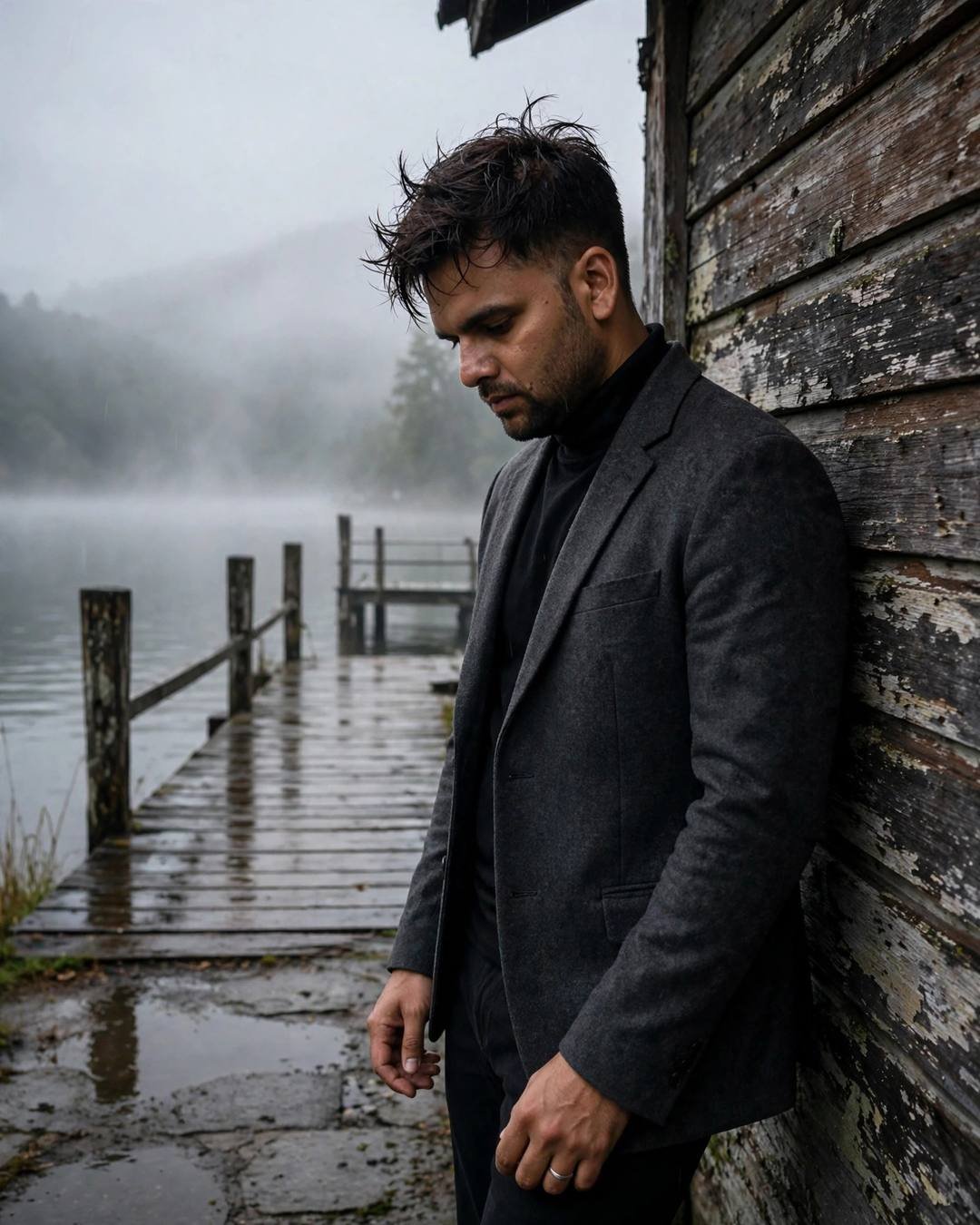 Young Indian man in a charcoal blazer and black turtleneck leaning against a weathered wooden wall by a misty lake pier at dawn