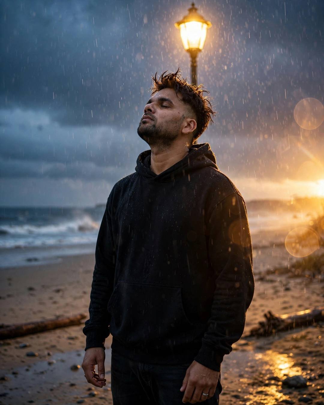 Young Indian man in a black hoodie standing under a streetlamp in the rain at a beach, face lifted to the sky, golden backlight