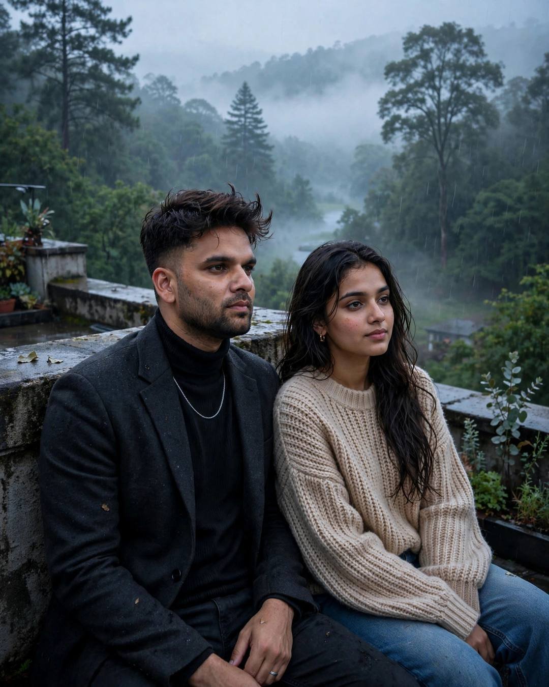 Young couple sitting side by side on a misty rooftop terrace above a forest, man in charcoal blazer, woman in beige sweater