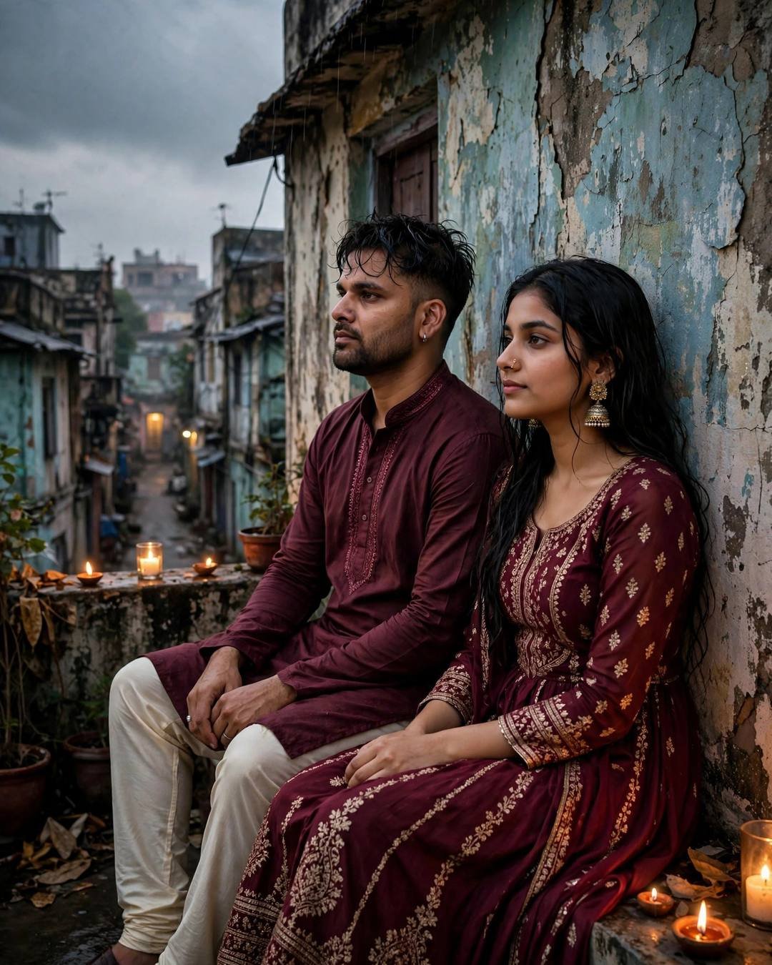 Young couple in matching maroon outfits sitting on an old-city rooftop with lit diyas, sharing quiet silence