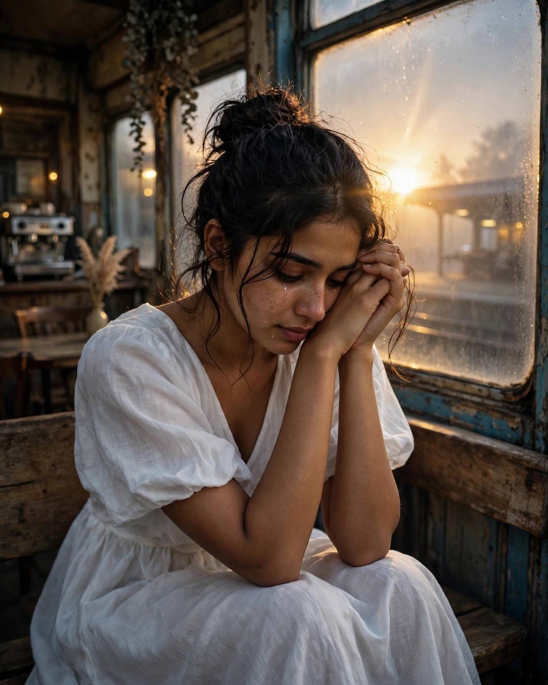 Young Indian woman in a white dress with head in hands at an old cafe table, golden light through a fogged window