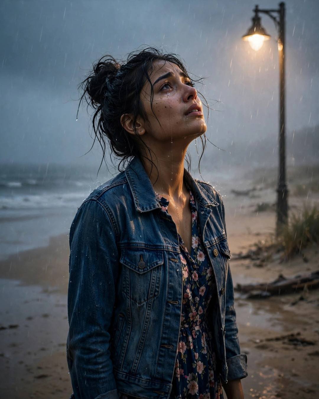 Young Indian woman in a denim jacket standing under a streetlamp in beach rain, face lifted to the sky