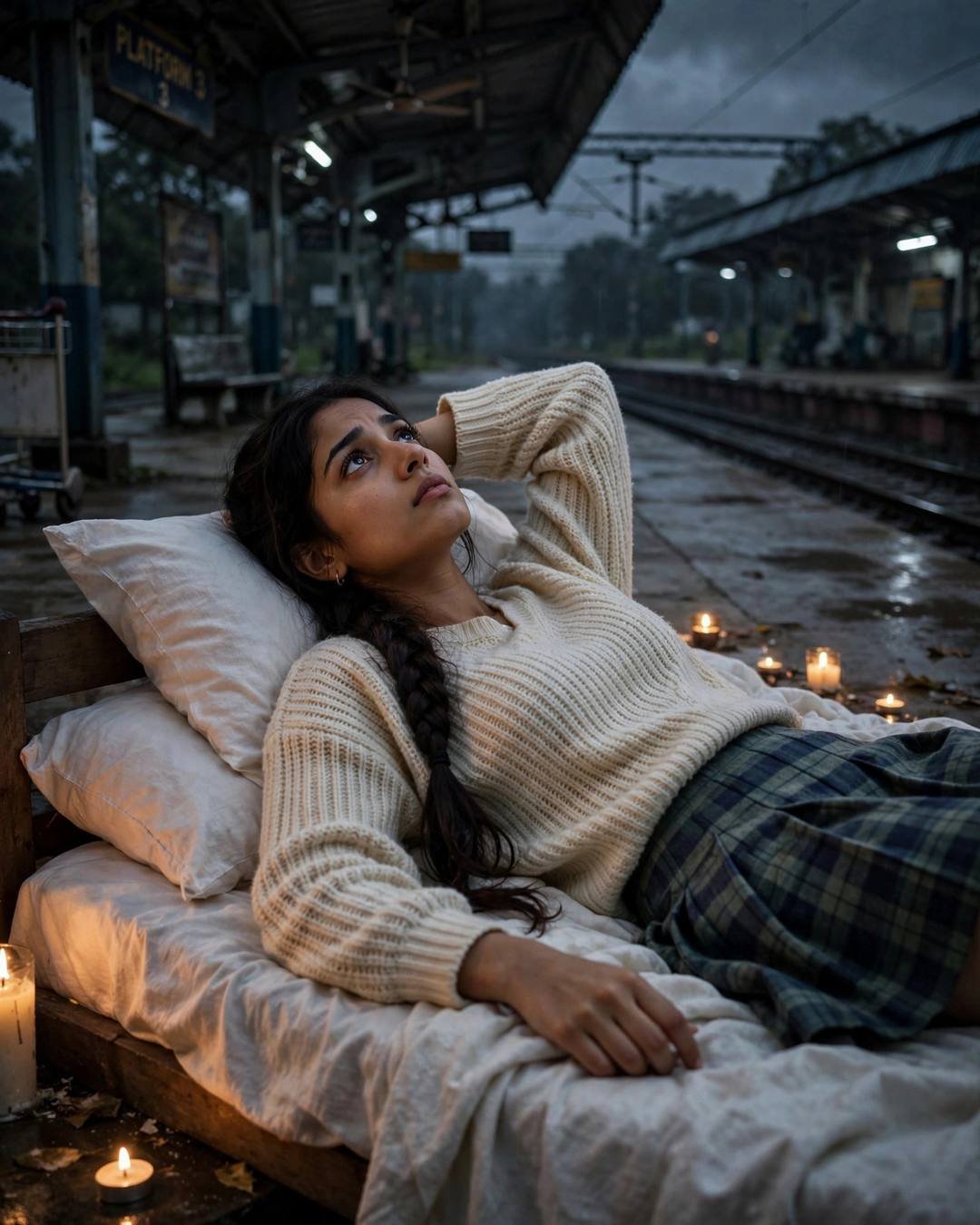 Young Indian woman in cream knit top and plaid skirt lying on a bed on an empty railway platform at night — long braid, candles around, gazing at the station roof