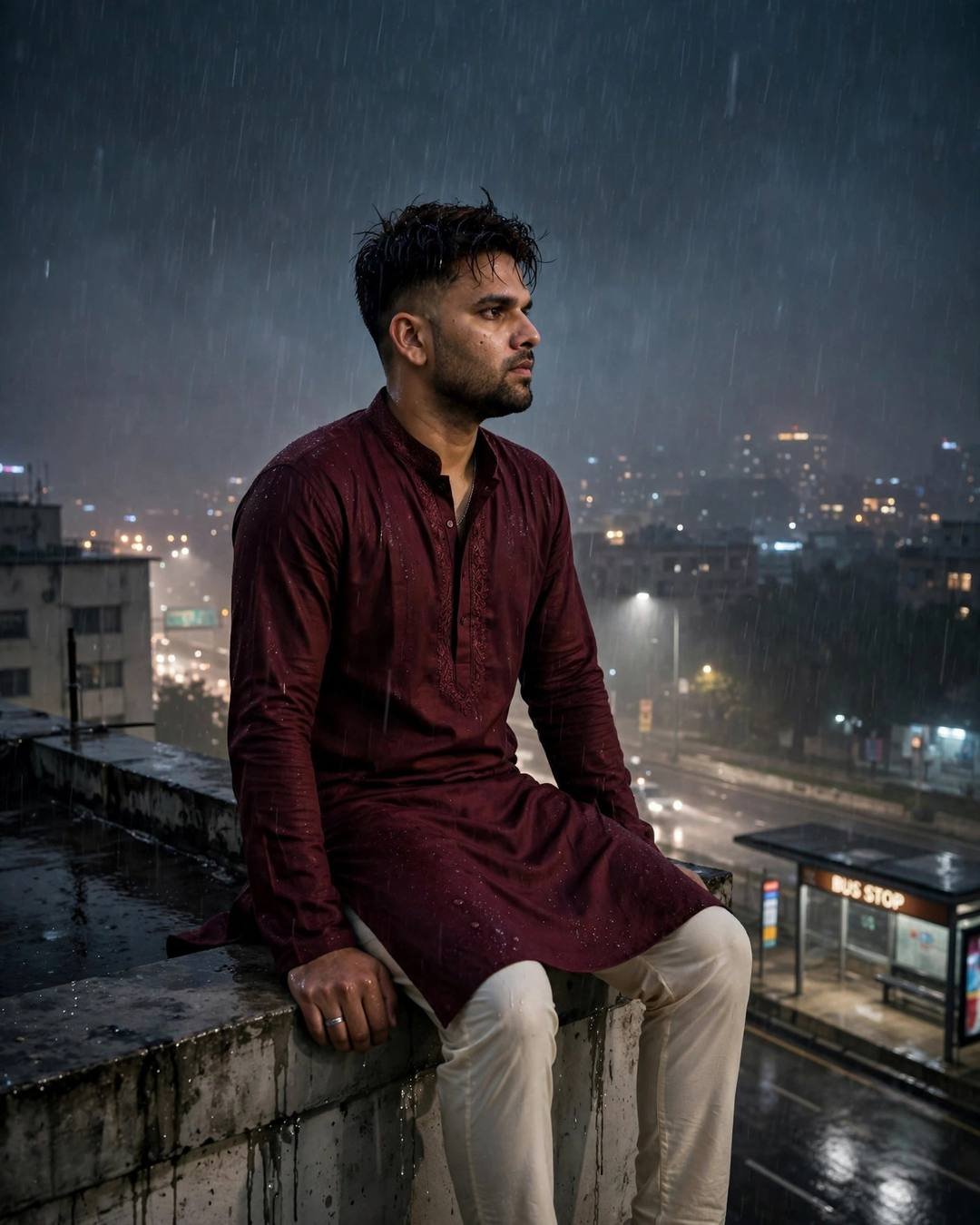 Young Indian man in maroon kurta sitting on a rain-wet ledge above a bus stop at midnight