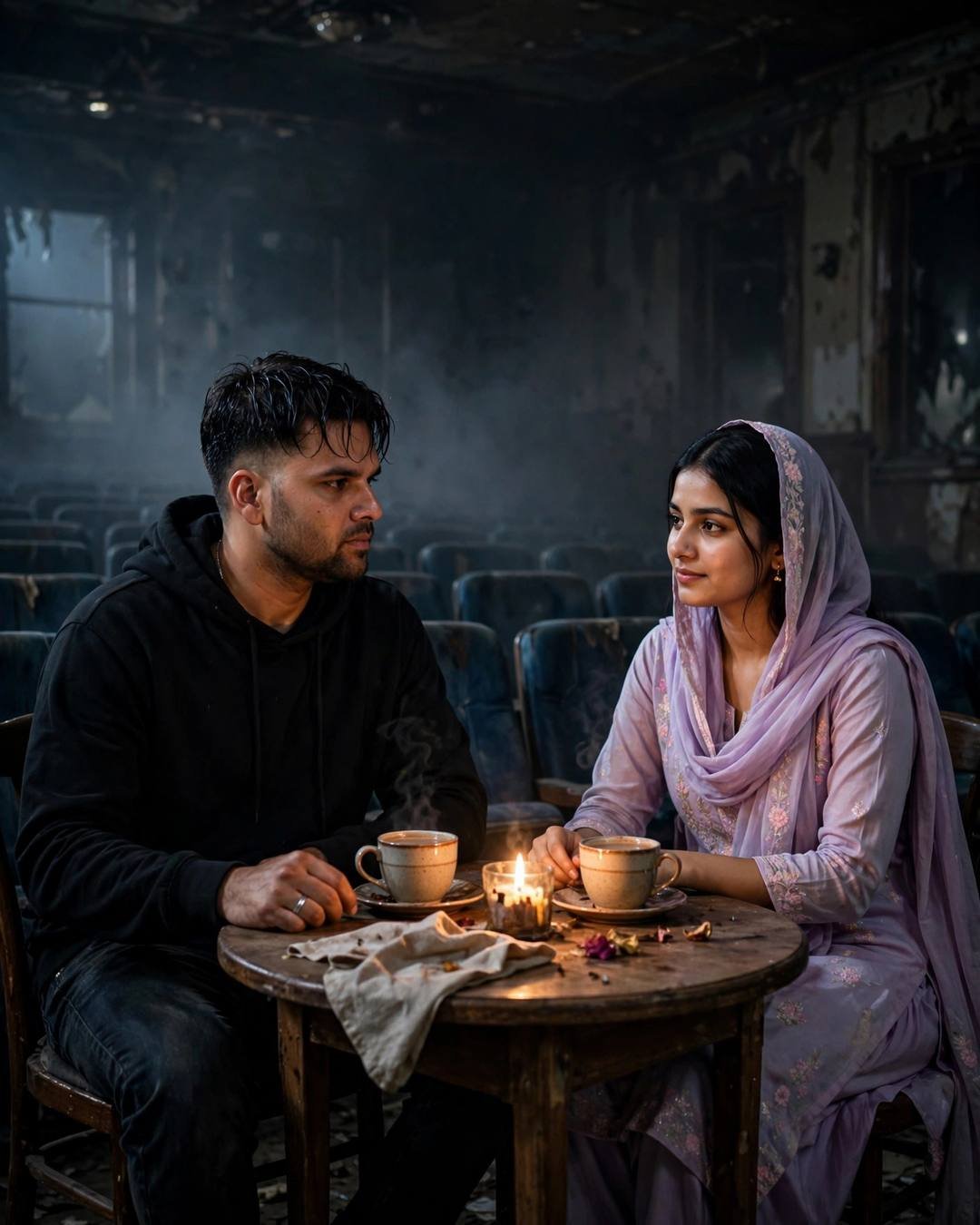 Young Indian couple at a candlelit table in an abandoned cinema hall — man in black hoodie, woman in pastel salwar-kameez with dupatta, foggy empty seats behind