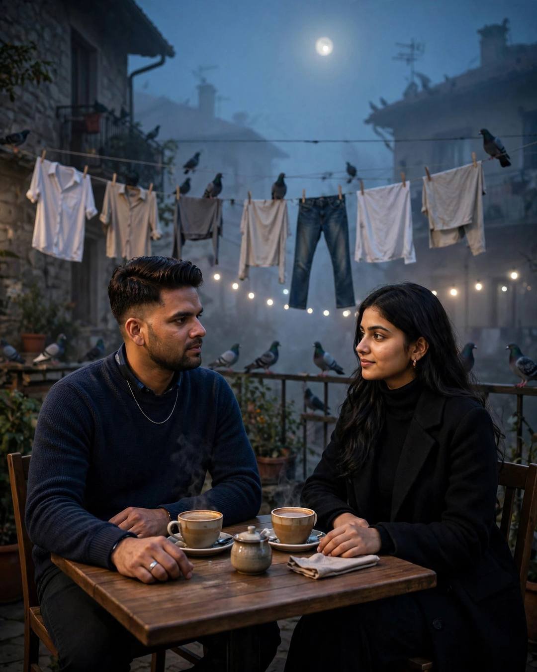 Young Indian couple at a table on a foggy terrace at night — man in navy sweater, woman in black turtleneck and long coat, clotheslines with pigeons and moon above