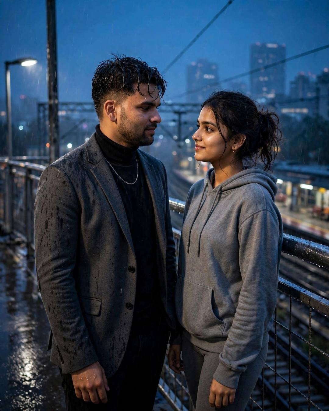 Young Indian couple laughing together on a rain-wet bridge at blue hour — man in charcoal blazer and black turtleneck, woman in grey hoodie, railway platform below