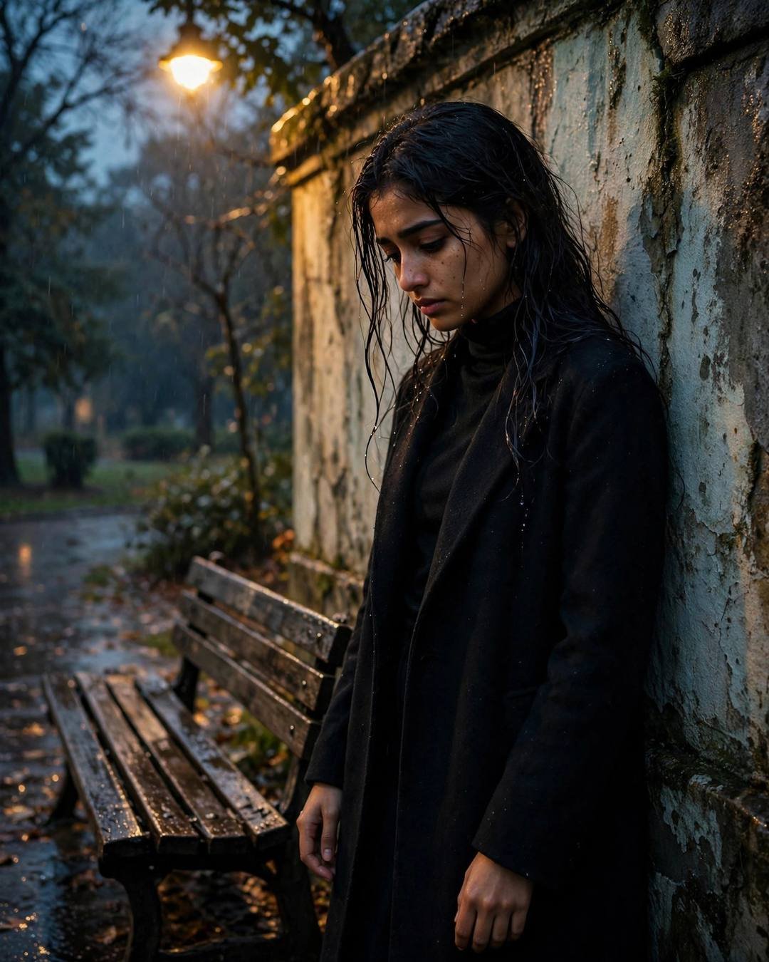 Young Indian woman in black turtleneck and long coat, wet hair, leaning against a weathered wall by a lamplit park bench at blue hour