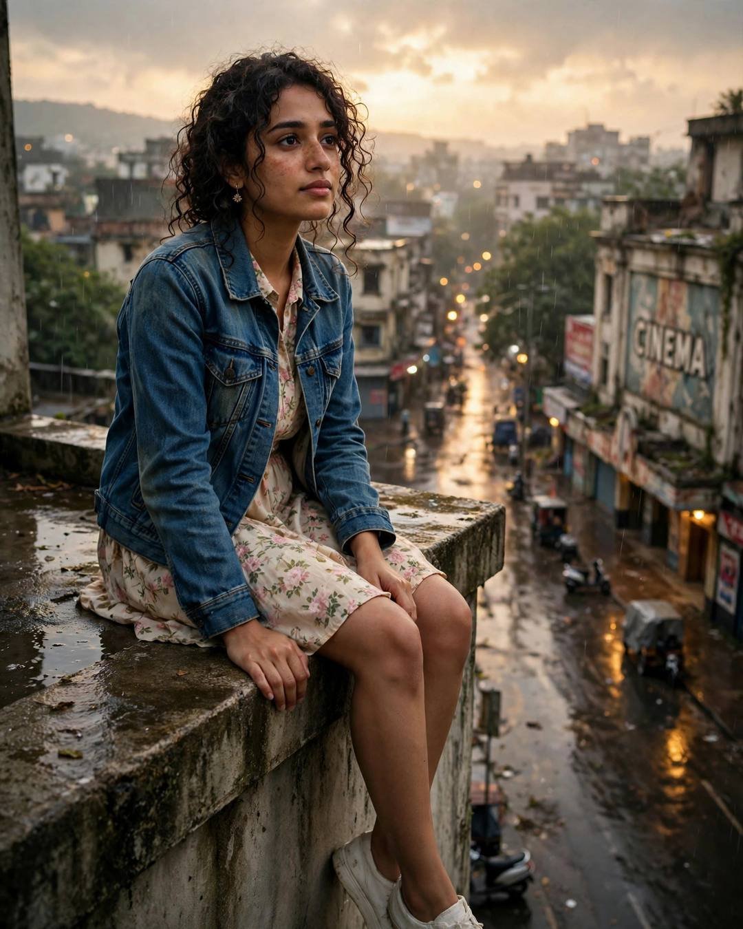 Young Indian woman in denim jacket over floral dress sitting on a rooftop ledge with legs dangling, golden-hour city below
