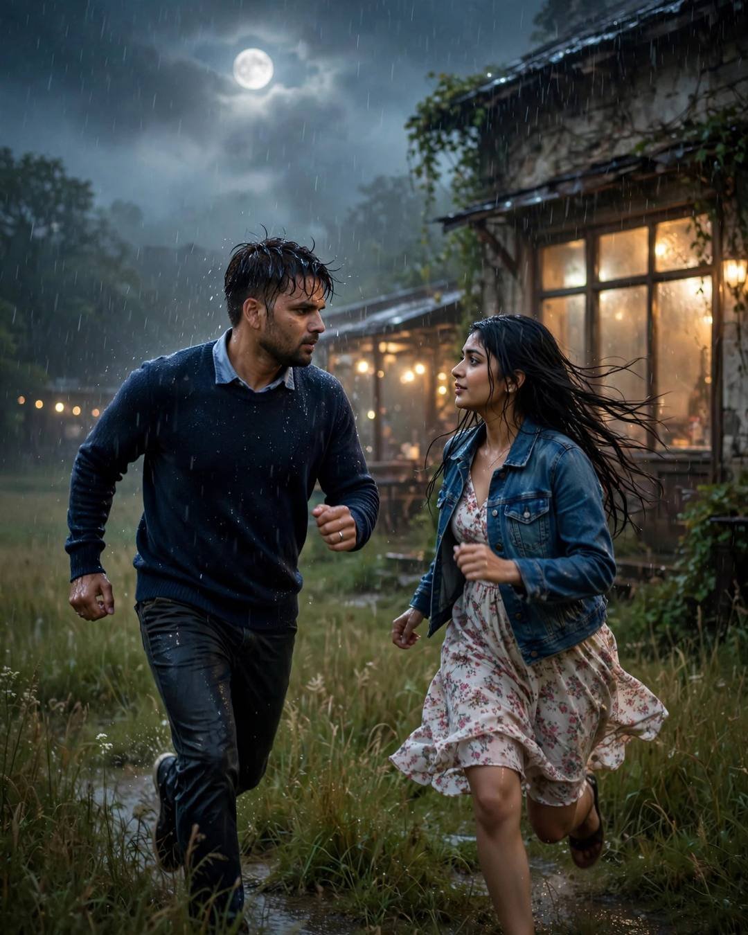 Couple running toward each other in the rain at midnight beside an old glowing cafe