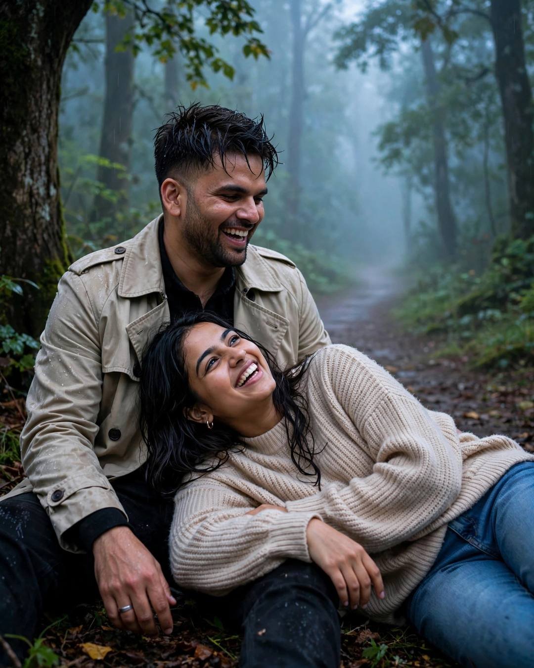 Couple laughing softly together under a tree on a misty forest path at dawn