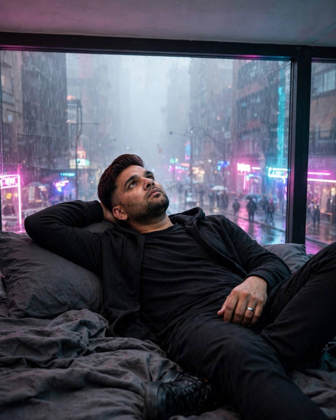 Young man in all-black lying on a bed gazing out a window at a neon-lit rainy street