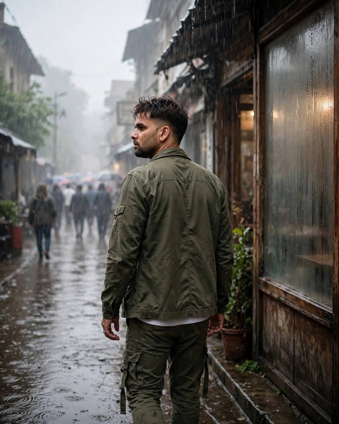 Young man in olive field jacket walking through heavy monsoon rain past an old cafe