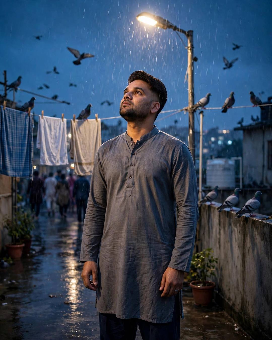 Young man in grey kurta standing under a streetlamp in rain on a terrace with pigeons