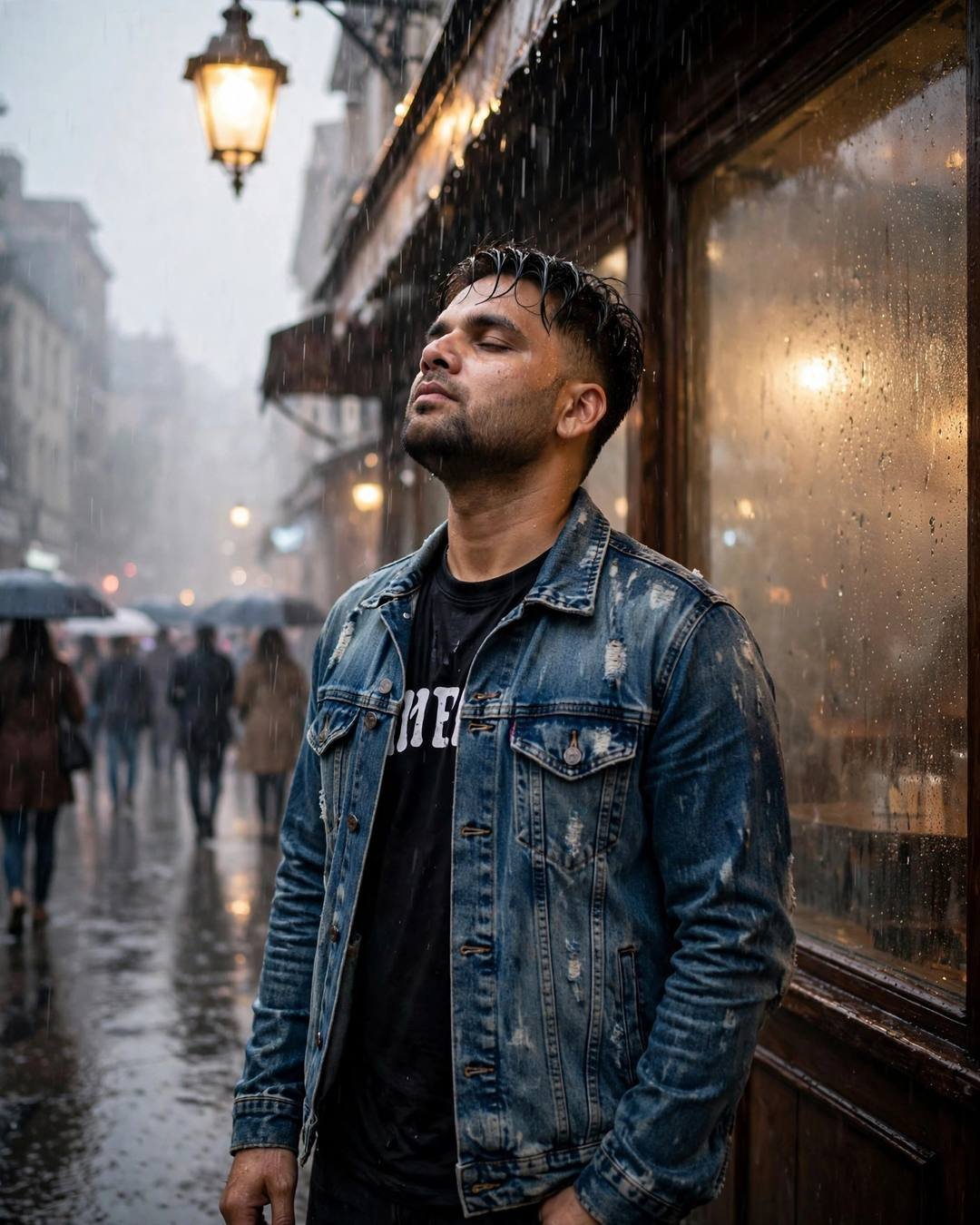 Young man in denim jacket standing in rain under a streetlamp outside an old cafe
